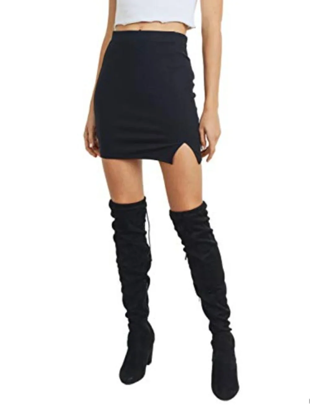 Women's Bodycon Mini Skirt with Slit - Lightweight Stretchy Jersey Knit